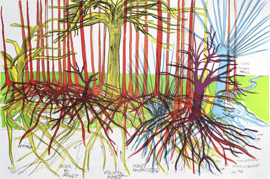 Racines, 2026. 8-color lithograph on BFK Rives 400g. Edition of 45 signed and numbered by the artist. 77.5 x 115 cm. MEL Publisher edition. Printed on the presses of atelier Stéphane Guilbaud & Deb Chaney, La Force