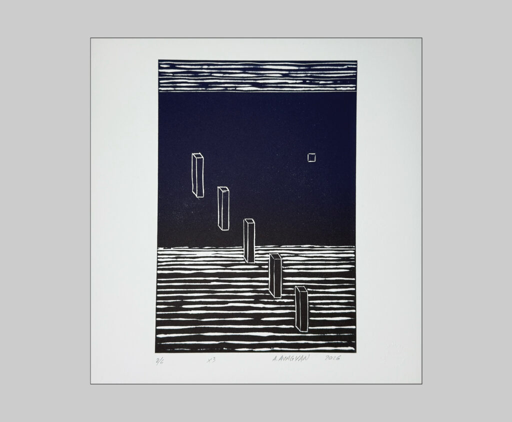 The Border Between Day and Night, 2026 / Linocut on Arches BFK Rives 300 gr / 25x26 cm / Edition of 6 copies + 2 E.A. signed and numbered / printed at Sahakyan Studio Yerevan