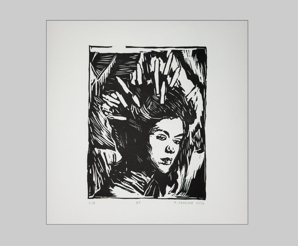 Émilie (after "Two Women by Leonor Fini"), 2026 / Linocut on Arches BFK Rives 300 gr / 25x26 cm / Edition of 6 copies + 2 E.A. signed and numbered / printed at Sahakyan Studio Yerevan