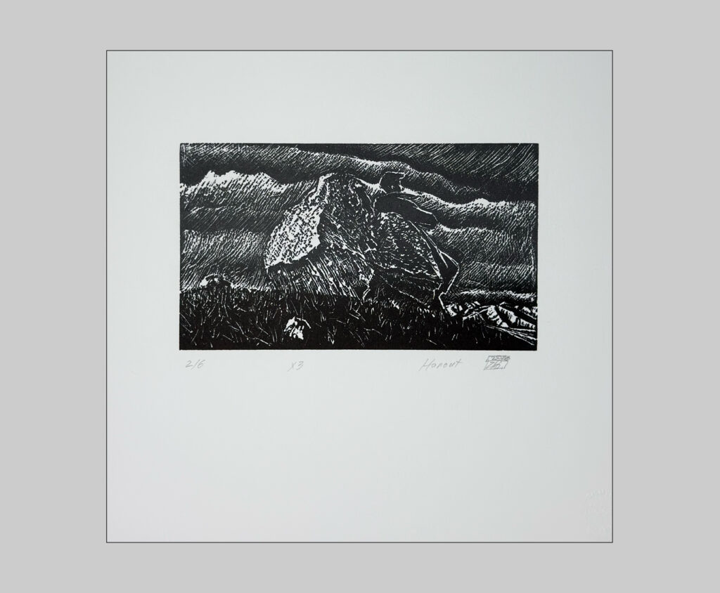 Near the Stone, 2026 / Linocut on Arches BFK Rives 300 gr / 25x26 cm / Edition of 6 copies + 2 E.A. signed and numbered / printed at Sahakyan Studio Yerevan