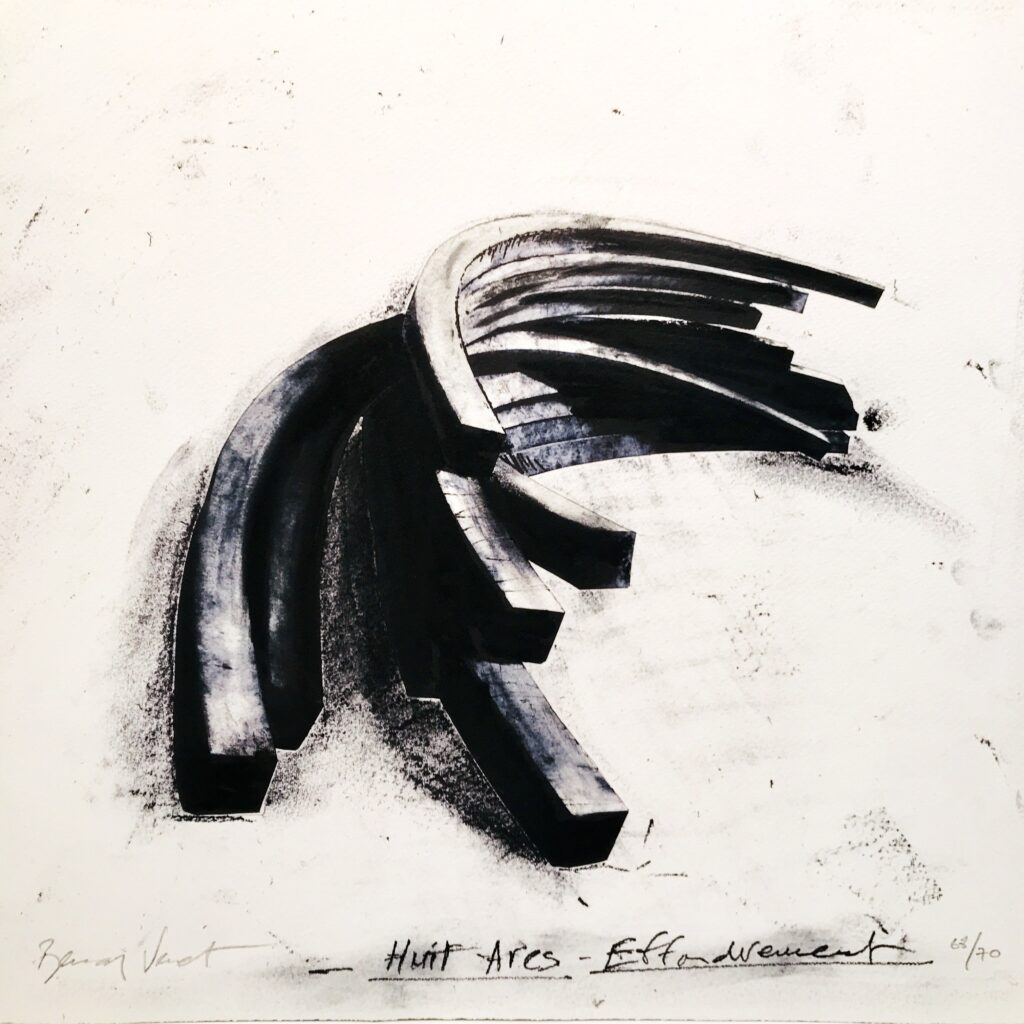 "Huit arcs effondrement", Original pigment ink print in shades of black and steel blue-grey, 2012, courtesy Galerie Pierre-Alain Challier, Paris