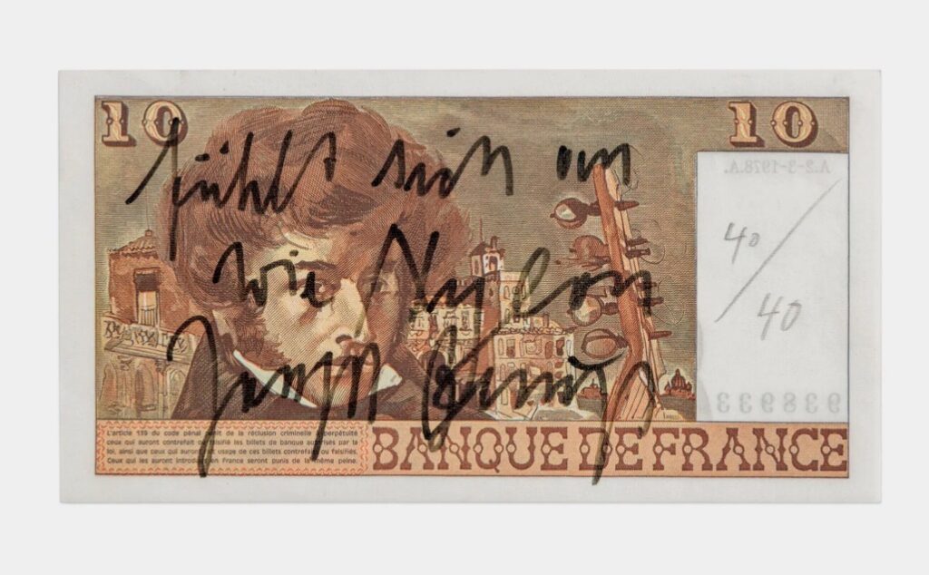 Beuys, Nylon Money, 1979, 10-franc note with handwritten addition, 7.5 x 14 cm, ed. 40, hand-signed, numbered