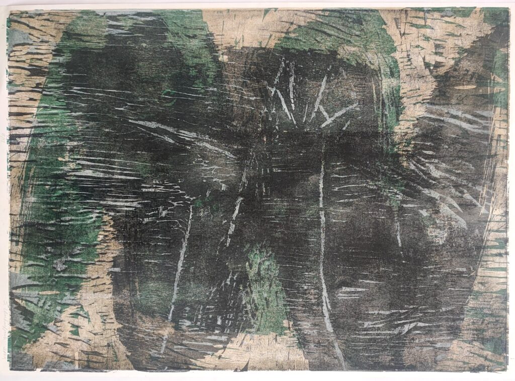 Untitled I, 2024/ Woodcut, oil on paper/ Edition no. 3/11 / 62x86 cm / printed at Sahakyan Studio Yerevan